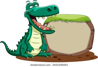 Cartoon crocodile standing next to a blank sign.