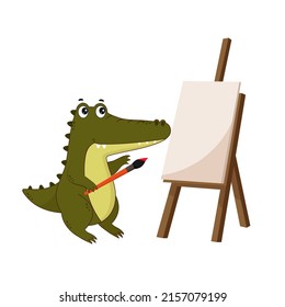 Cartoon crocodile stands near the easel. Crocodile icon isolated on white background. Vector illustration for design and print