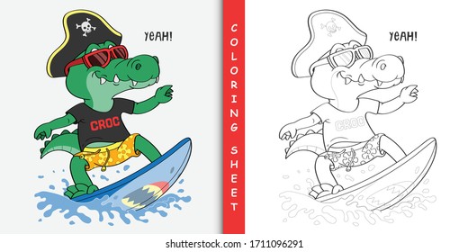 Cartoon crocodile surfing, Coloring sheet for stay home activity