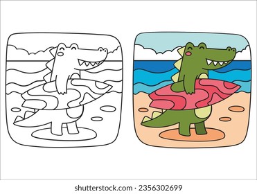 Cartoon crocodile surfing, Coloring sheet. Crocodile with surfboard on sea background. Vector cartoon illustration. Crocodile cartoon playing windsurf at summer holiday, coloring book or page. 47