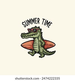 cartoon crocodile surfing summer time , perfect for sticker ,tshirt, poster ,merchandise and many more