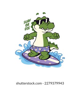 Cartoon crocodile surfing with text vector 