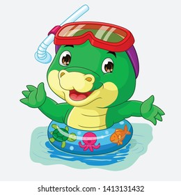 Cartoon crocodile swim with inflatable ring isolated on a white background-vector art