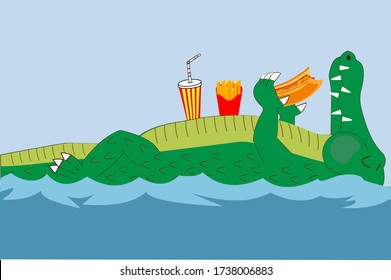 cartoon crocodile swims in the sea and eats hot dog,french fries