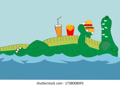 cartoon crocodile swims in the sea and eats hamburger,french fries