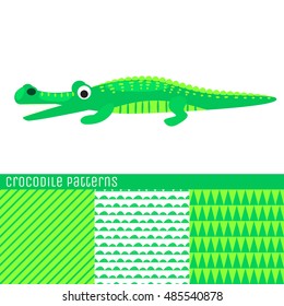 Cartoon crocodile vector illustration. Green kid alligator seamless patterns for textile print.
