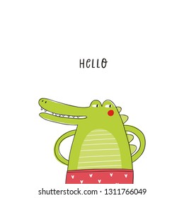 Cartoon Crocodile vector poster. Hand drawn cartoon animals vector illustrarion. Cute character animals in shorts. Coloring print for children