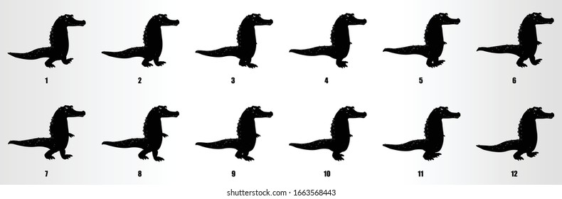 Cartoon Crocodile walk cycle animation frames silhuette, loop animation sequence sprite sheet 
