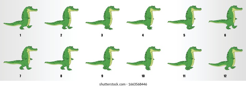 Cartoon Crocodile walk cycle animation frames, loop animation sequence sprite sheet 