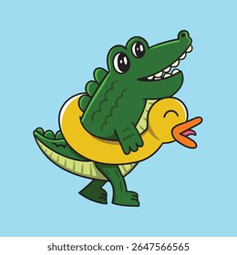 Cartoon Crocodilo Andando com Anel Flutuante em Forma de Pato