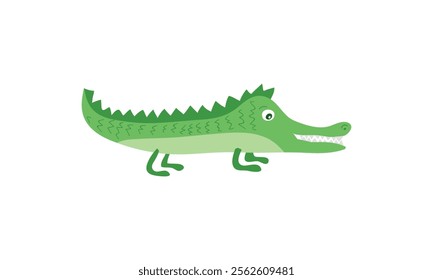 Cartoon crocodile walking with a smiling face. Flat vector illustration isolated on white background. Animal character for children’s designs and education materials