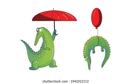 Cartoon Crocodile Walking with Umbrella and Flying with Toy Balloon Vector Set