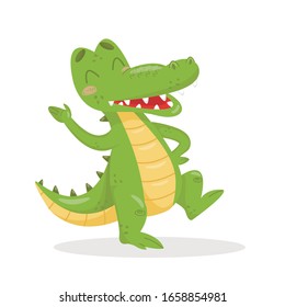 Cartoon crocodile waving and dancing. Cute character illustration on white isolated background. Little alligator on the dancefloor