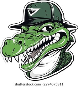 A cartoon crocodile wearing a cap and a green baseball cap