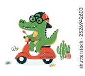 A cartoon crocodile wearing glasses and a cap rides a red scooter.