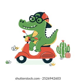 A cartoon crocodile wearing glasses and a cap rides a red scooter.