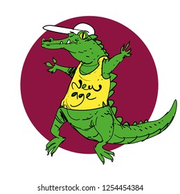 cartoon crocodile wearing hat and yellow tshirt with text "new age", cartoon. funny doodle vector illustration.