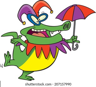 cartoon crocodile wearing mardi gras clothes