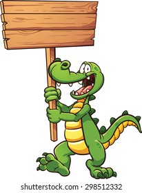 Cartoon crocodile with a wooden sign. Vector clip art illustration with simple gradients. All in a single layer.