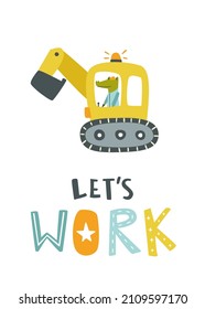 Cartoon crocodile working on excavator. Funny nursery poster. Print with doodle animal on construction machine.