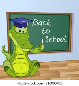 Cartoon Crocodile wrote chalk on a blackboard 