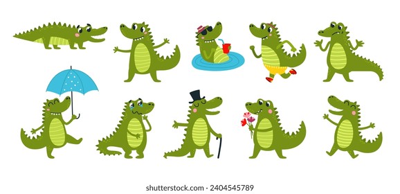 Cartoon crocodiles. Funny cartoon crocodile resting, walking on rain, running nad swimming. Isolated cute childish alligator, classy vector animal