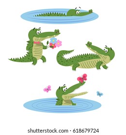 Cartoon crocodiles in water, with butterflies, with flowers in bow tie and in natural animal position isolated on white background. Lovely crocs in wildlife. Friendly reptiles vector illustration.