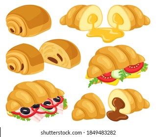 Cartoon croissant. Baked croissant with chocolate, caramel, cheese and ham croissant sandwiches. Breakfast bakery croissant vector illustrations. Sliced product with vegetables and bacon, sweet bun