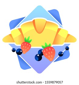 Cartoon croissant with berries on the blue napkin.