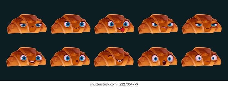 Cartoon croissant character with different emotions on face. Set of funny baked buns with big eyes and mouth happy, smiling, sad, angry, scared, surprised, crazy. Bakery emoji vector illustration