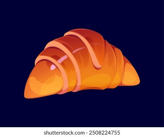 Croissant de dibujos animados de confitería y pasteles dulces. Vector de panadería de color marrón dorado con una corteza brillante y escamosa. Croissant perfectamente curvado, fresco y mantecoso, opción de desayuno o merienda, postre de pastelería