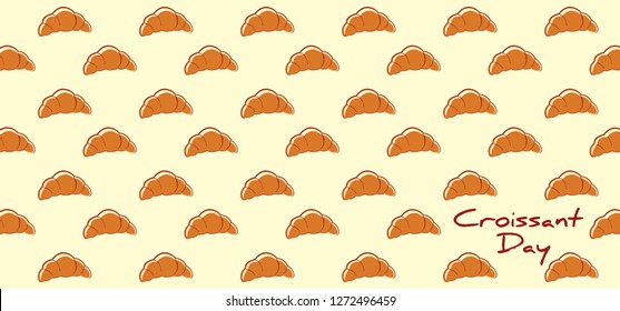 Cartoon, Croissant day january. Flat vector banner. Fresh tasty, pastries breakfast sign. French, france food bakery. Chocolate, vanilla, cream delicious. Pastry bakery shop logo. Holiday