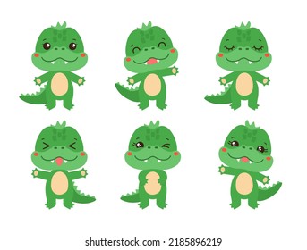 Cartoon croocodile kawaii style emoji  Fun crocodile character set various emotions  Kawaii animal facial expressions    calm  happy  laughing  smiling  waving  winking  Cute crocodile chibi style 