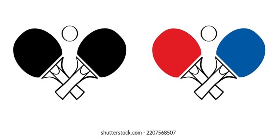 Cartoon crossed table tennis or ping pong on the table. Vector table tennis bat. Sports symbol or logo. Rackets and ball emblem. Table tennis paddle icon. pingpong sports. Tennis racket