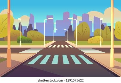 Cartoon crosswalks. Street road crossing highway traffic urban landscape building, crosswalk car, pedestrian empty sidewalk vector