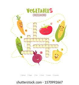 Cartoon Crossword In English With Cute Vegetables Characters. Education Game For Children.