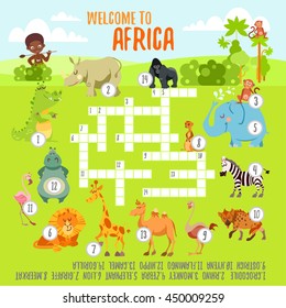 Cartoon crossword game with cute cartoon African animals.Ready game design concept for preschool kids education.Vector illustration