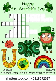 Cartoon crossword with a leprechaun for children in English vector illustration