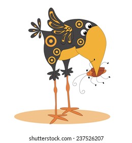 Cartoon crow caught a bug