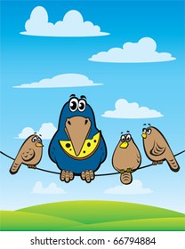 Cartoon crow with cheese sitting on the wire with a sparrows