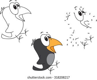 Cartoon crow. Coloring and dot to dot educational game for kids. Vector illustration