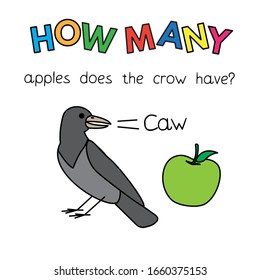 Cartoon crow counting game. Vector illustration for children education. How many apples does the crow have