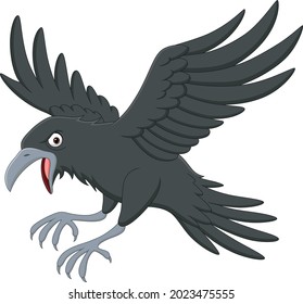 Cartoon crow flying on white background