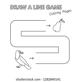 Cartoon crow game for small children - draw a line. Vector coloring book pages for kids