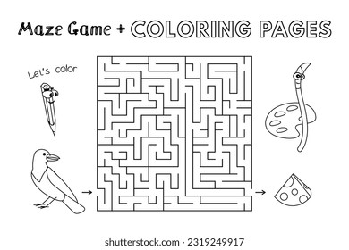 Cartoon crow maze game. Vector coloring book pages for children