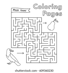 Cartoon crow maze game. Vector coloring book pages for children