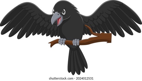 Cartoon crow on a tree branch 