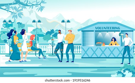 Cartoon Crowd at Outdoor Event. Man with Megaphone near Booth for Volunteer. Woman Sit on Bench, Female Doctor Help. Volunteering Medical First Aid on Sport Cultural Event. People Assist Support