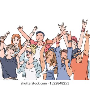 Cartoon crowd of people at music festival or rock concert - happy young men and women dancing and singing. Isolated flat vector illustration on white background.