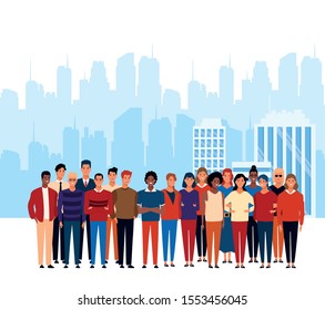 cartoon crowd people standing over urban city landscape background, colorful design. vector illustration